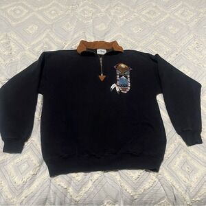 Vintage Artisans SunShine 90s Quarter‎ Zip Native Embroidery Suede Collar L
